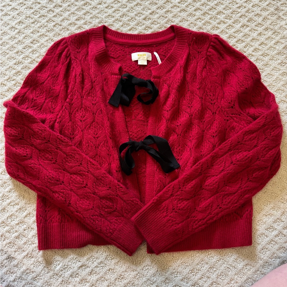 Maeve Red Cashmere Cardigan with Black Bow Accents